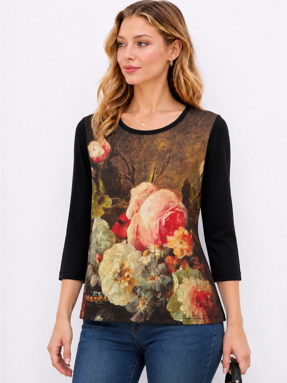 Notations Women’s Size S Floral Print 3/4 Sleeve Black Crew Neck Top Blouse NWT